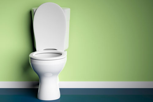 Image of a toilet with the lid open in front of a green wall