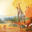 fall illustration with leaves falling and orange trees