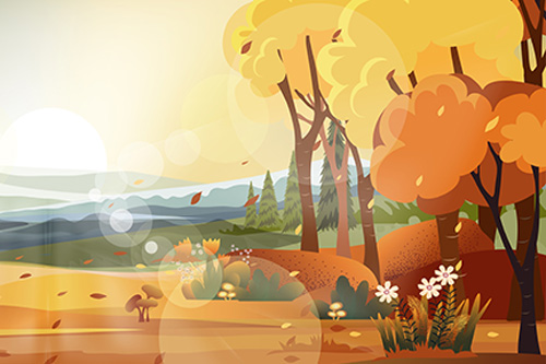 fall illustration with leaves falling and orange trees